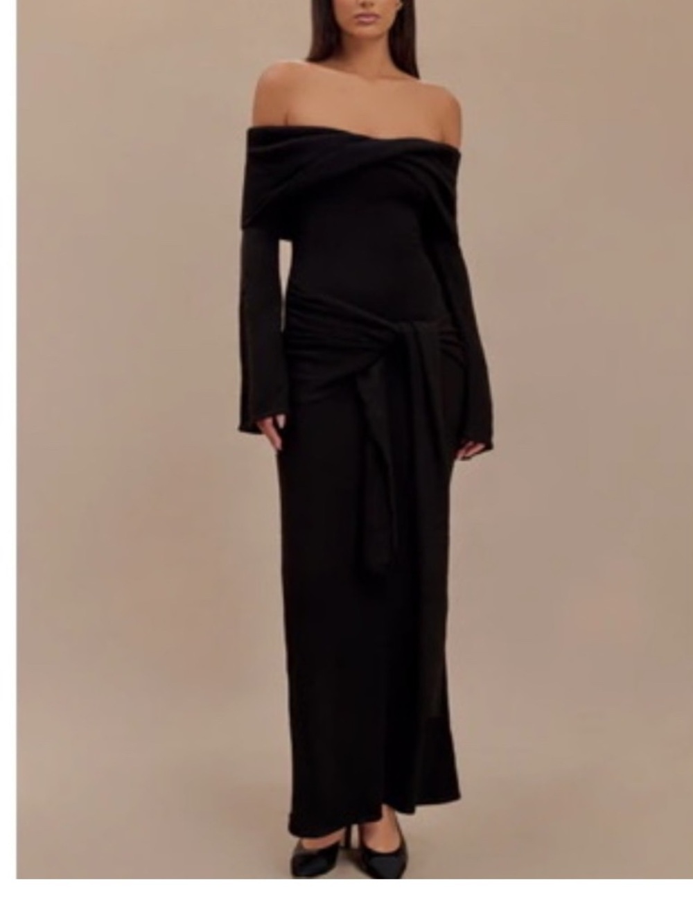 NWT Meshki Cameron Off The Shoulder Black Ribbed Knit Maxi Dress Size XXS